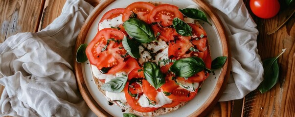 Delicious caprese salad with fresh tomatoes, mozzarella cheese, basil leaves, and balsamic glaze on a rustic wooden table.