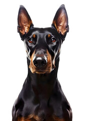 Closeup portrait of doberman sitting in front of camera isolated on transparent background
