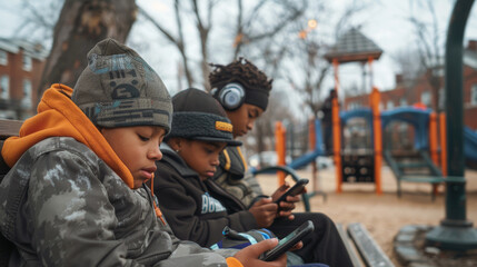 Multiracial children scrolling on their phones on bench an empty children's playground. Generative ai