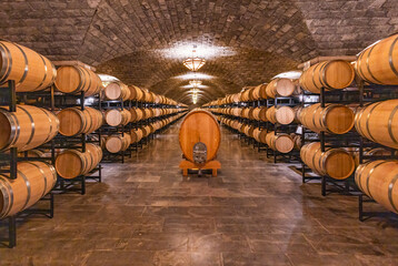 Oak barrels in the cellar of the winery	