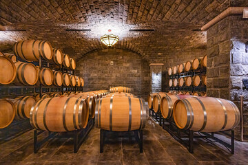 Oak barrels in the cellar of the winery	