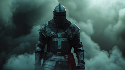 Naklejka premium Formidable Templar Knight in Full Armor Standing Amidst Smoke