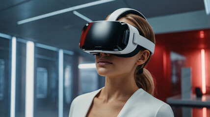 female wears a VR headset in futuristic designed room