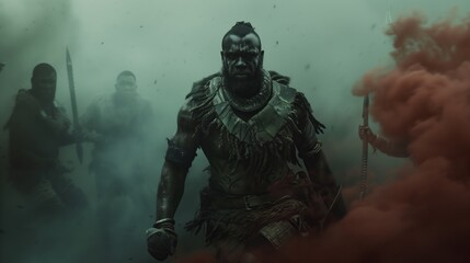Fierce Zulu Warrior Leading Army Through Smoke in Epic Battle Scene