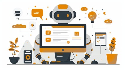 Ai powered content concept. Chat bot at computer screen. Artificial intelligence and machine learning. Article for website and social networks. Poster or banner. Cartoon flat vector illustration