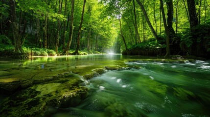 A lush green forest with a crystal-clear river flowing through it, surrounded by tall trees.