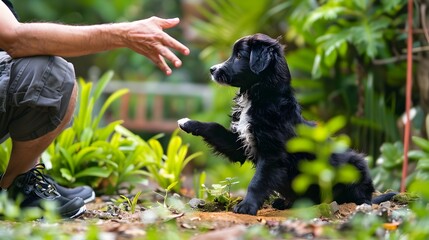 Puppy Learning Obedience Commands from Trainer in Garden Setting