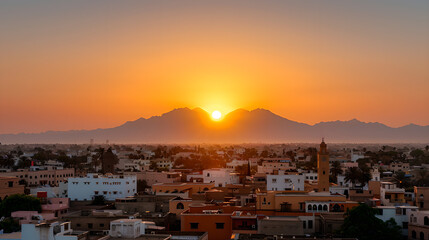 Obraz premium Sunset over North African city with mountain backdrop