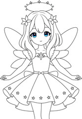 Cute kawaii fairy with sparkling wings isolated on white background outline coloring page for kids
