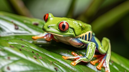 Vibrant red-eyed tree frog perched on a large green leaf in a dense rainforest setting.