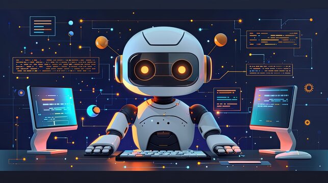 Ai powered content concept. Chat bot at computer screen. Artificial intelligence and machine learning. Article for website and social networks. Poster or banner. Cartoon flat vector illustration