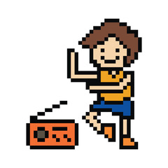 Fototapeta premium Cute pixel cartoon 8bit character man exercises training dance lifestyle music decoration life style 8 bit male boy dance with music game fitness isolated PNG vector.
