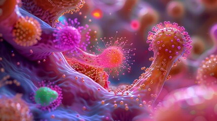 Obraz premium Close-up of colorful microscopic organisms in a vibrant, intricate, and abstract bioplastic environment.