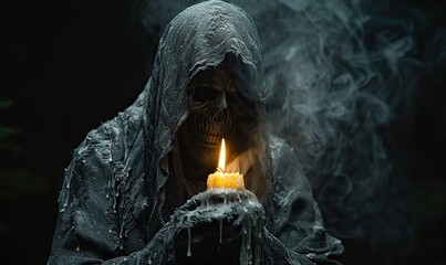 Grim Reaper looms over melting candle, casting sinister aura on haunting black canvas. Halloween's eerie backdrop beckons with cryptic whispers, inviting chilling tales to unfold.