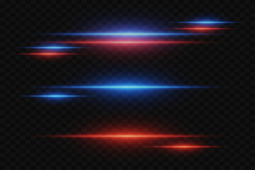 Dynamic light, speed neon lines.  Red and blue light rays. Police lighting effects. On a transparent background.