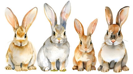 Obraz premium Group of rabbits watercolor illustration isolated on transparent background