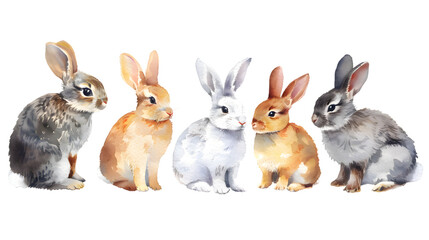 Fototapeta premium Group of rabbits watercolor illustration isolated on transparent background