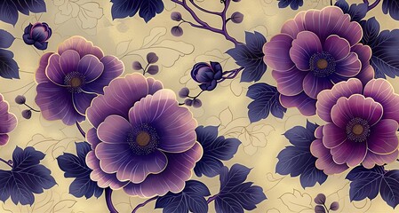 Seamless, graceful Japanese art floral pattern in purple and green, ideal for gifts and cards.