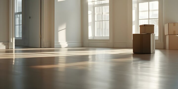 Boxes of Items Delivered to Empty Room in New Apartment. Concept Moving Day, Unpacking, Setting Up, New Beginnings, Organizing