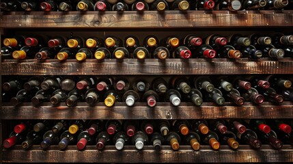 Collection of Wine Bottles in Wooden Wine Rack in Cellar Showing Various Labels and Colors