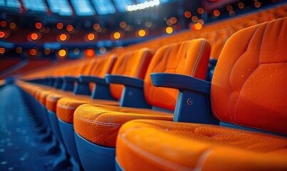 Empty stadium seats in orange, symbolizing fans and cultural atmosphere. Modern sports venue with symmetrical and colorful chairs, creating a vibrant outdoor arena experience.