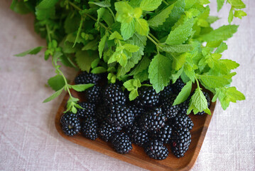 Ripe blackberries and sprigs of fragrant lemon balm. The berries lie on a wooden plate surrounded by Melissa.