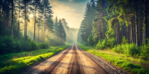 Obraz premium Vintage Road with Tire Tracks Through Misty Green Woods