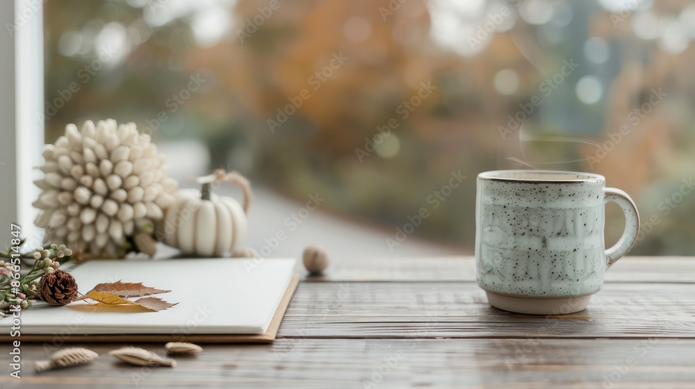 Poster a mug of coffee sits on a wooden table next to a notebook and a vase of flowers. concept of relaxati