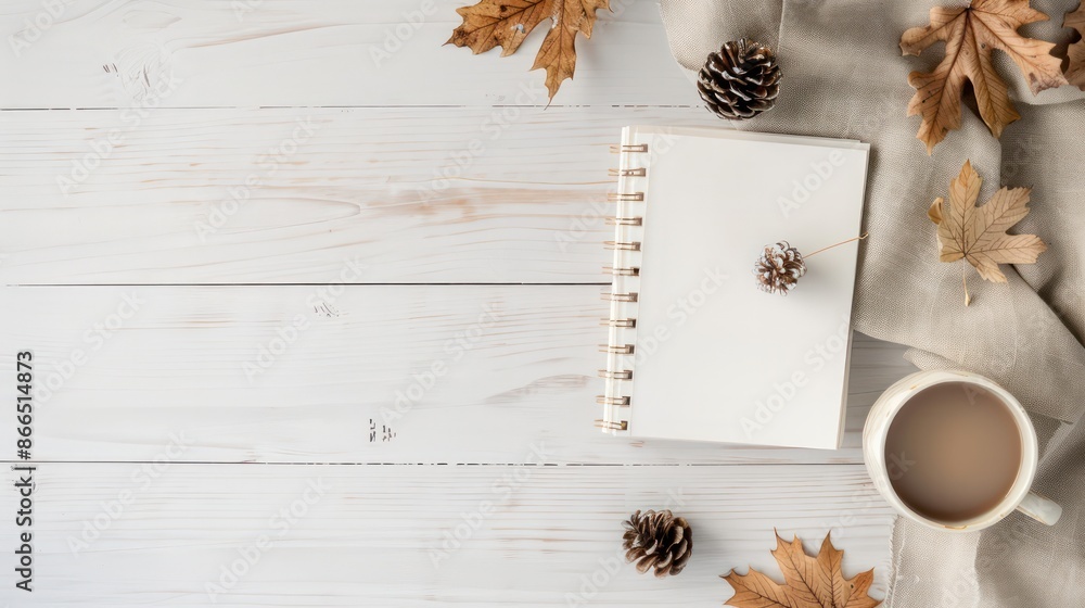 Poster A white notebook with a cup of coffee and pine cones on a wooden table. The scene is peaceful and calming, with the pine cones and leaves adding a touch of nature to the setting