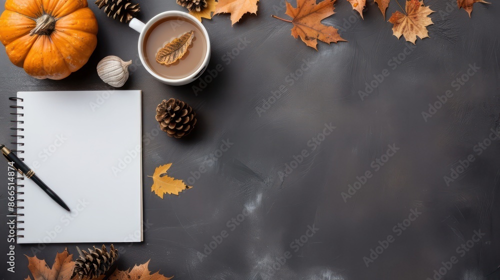Poster a notebook with a pen and a cup of coffee on a table with autumn leaves and pine cones