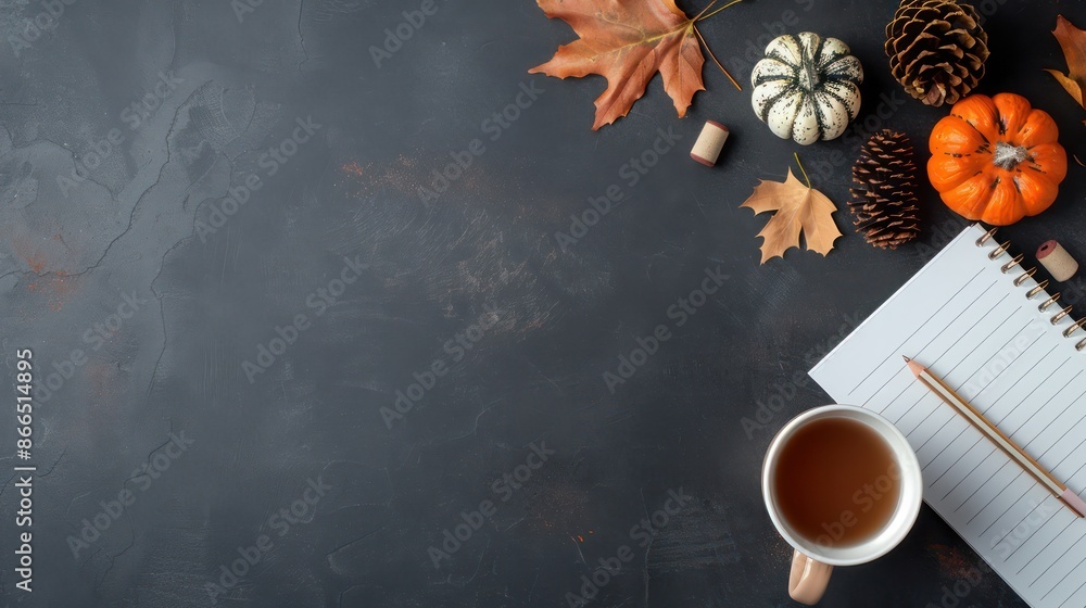 Aufkleber A black background with a white notebook and a cup of tea. The notebook is open to a page with a pumpkin and a leaf