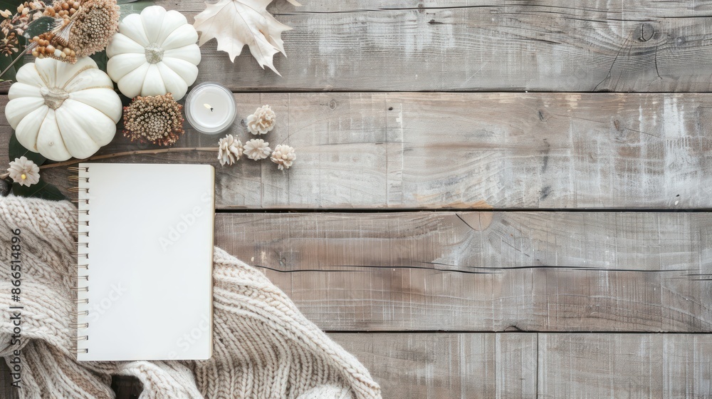 Leinwandbilder a white notebook sits on a wooden table with a white blanket and a few pumpkins. the scene is cozy a