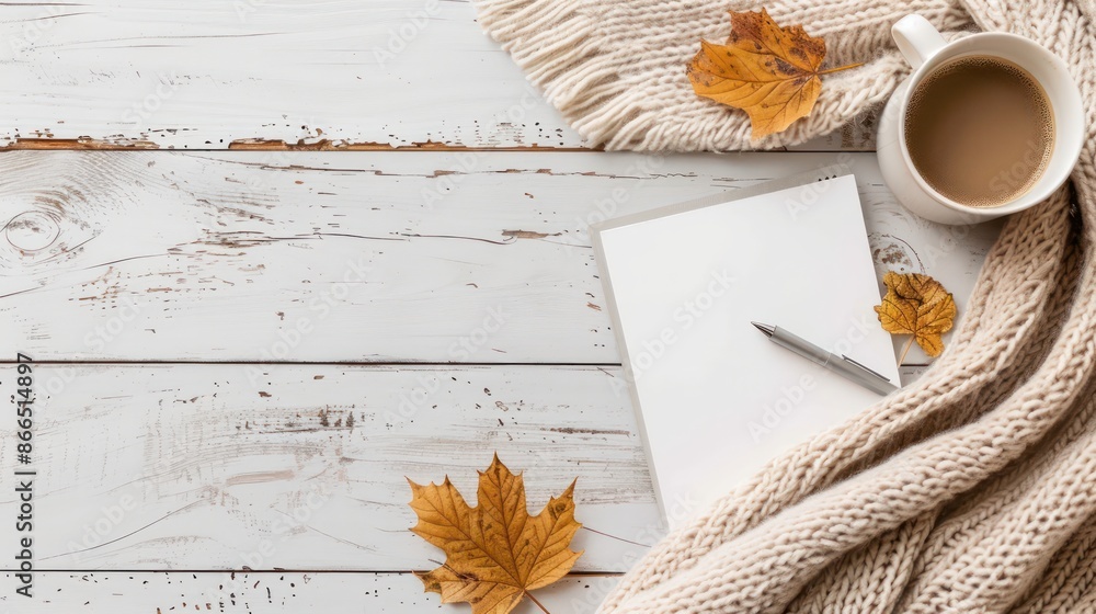 Poster a white notebook with a pen on it and a cup of coffee next to it. the scene is set on a wooden table