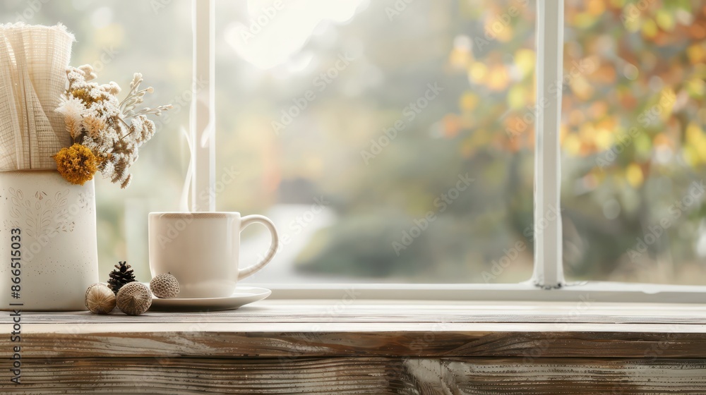 Aufkleber A white mug with a flower on it sits on a wooden table next to a window. The window has a view of a forest and a road. The mug is filled with coffee, and there are pine cones on the table