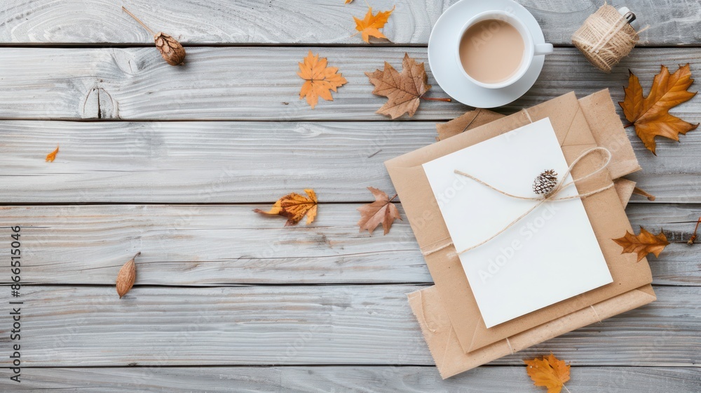 Poster a white piece of paper with a leaf on it sits on a wooden table. a cup of coffee is placed next to t