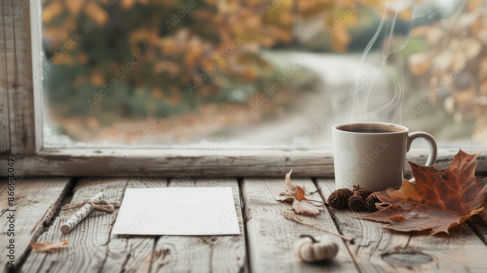 Poster a white mug with coffee sits on a wooden table next to a piece of paper. the paper is blank and has 