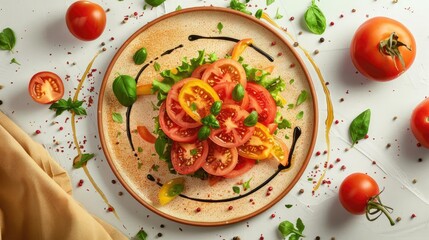 Fresh tomato salad on a rustic ceramic plate, garnished with herbs and vegetables, perfect for a healthy meal presentation.