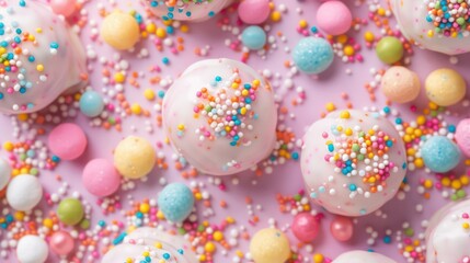A colorful assortment of candies and sprinkles are scattered on a pink background. The candies are in various shapes and sizes, and the sprinkles are in different colors, creating a fun