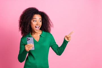 Photo portrait of attractive young woman look skeptical empty space dressed stylish green clothes...