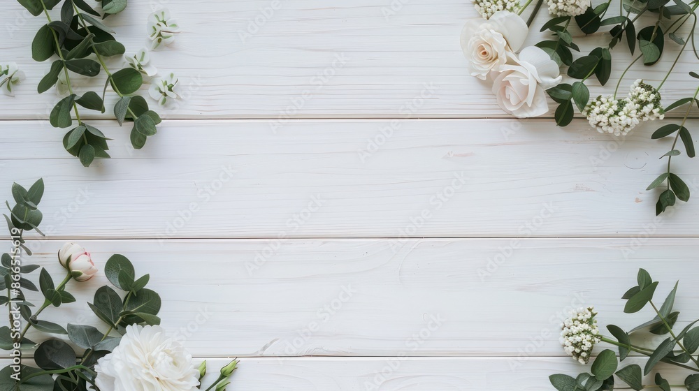 Poster a white background with flowers and leaves. the background is simple and clean, with no distractions