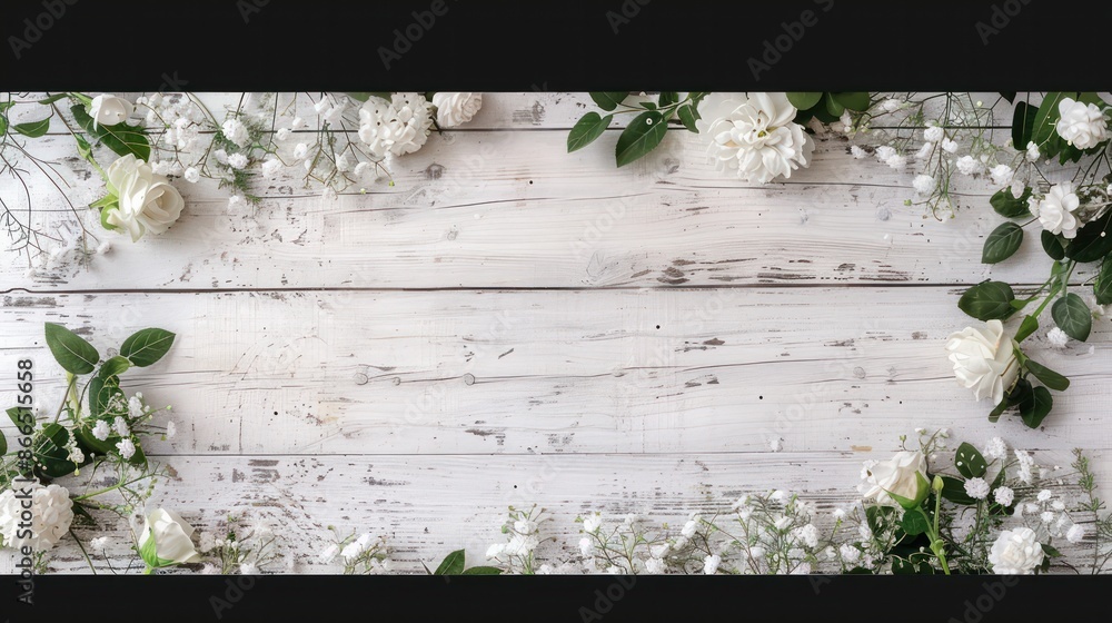 Poster A white background with flowers and leaves. The background is wooden and the flowers are arranged in a way that they are not overlapping each other