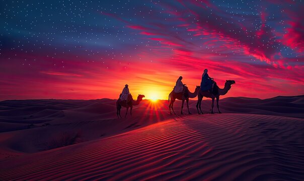 Desert silhouettes: camel caravan in Sahara, Indian driver, Thar dunes at sunset. Kings journey to Bethlehem.