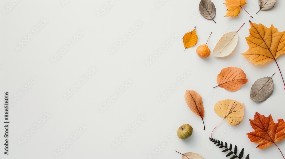 Aufkleber A white background with a variety of autumn leaves scattered around it. The leaves are of different sizes and colors, creating a sense of depth and texture. Scene is warm and inviting