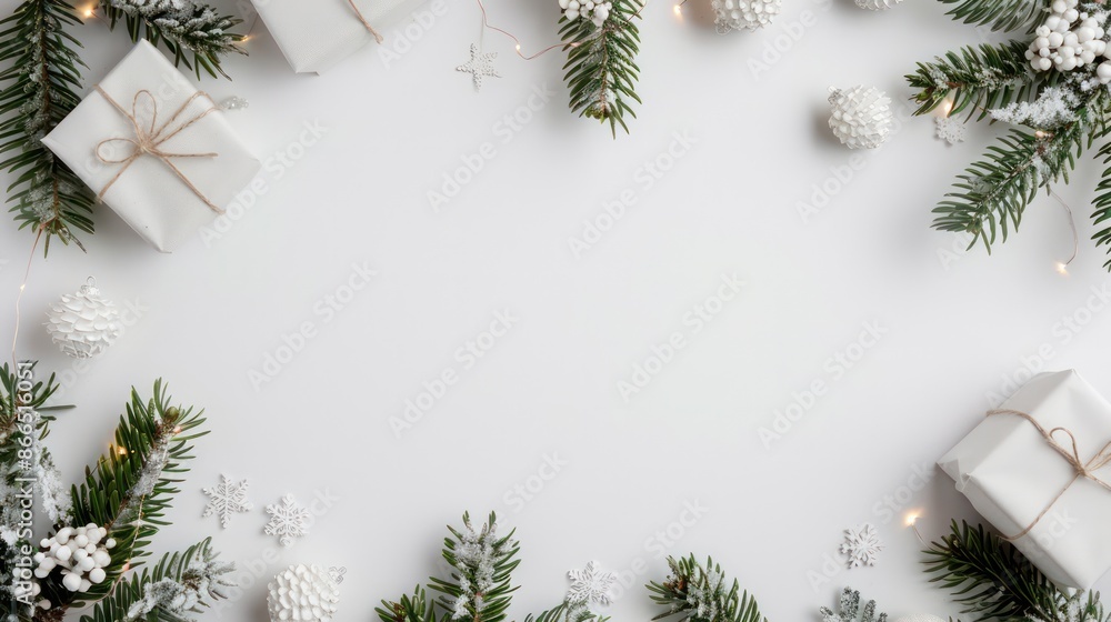 Poster A white background with a Christmas tree and presents. The tree is surrounded by pine cones and the presents are placed in the center of the frame. Scene is festive and joyful