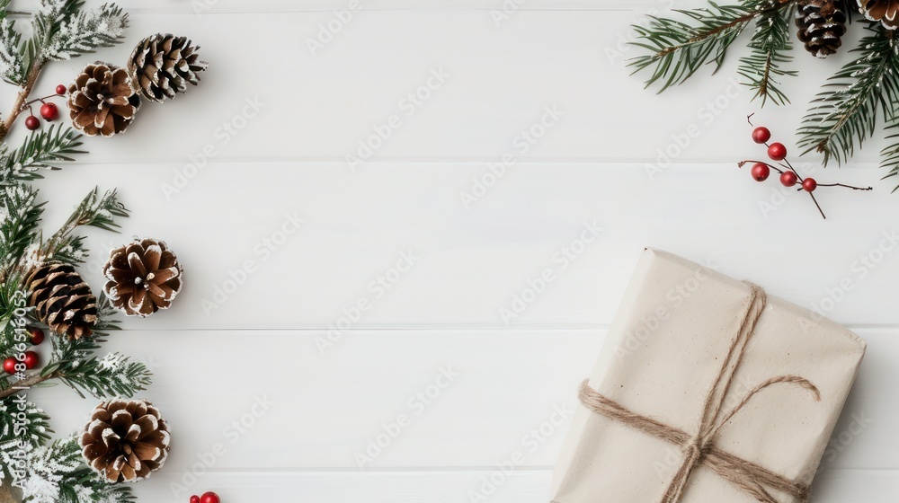 Poster a white background with pine cones and berries and a white box with a brown rope tied to it