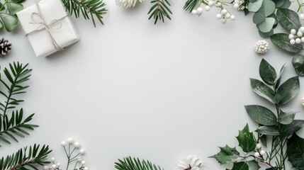 A white background with a Christmas tree and a white box. The box is tied with a string