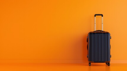A black suitcase is sitting on a bright orange wall. The suitcase is open and ready to be packed. The bright orange wall creates a cheerful and energetic atmosphere, which contrasts with the practical