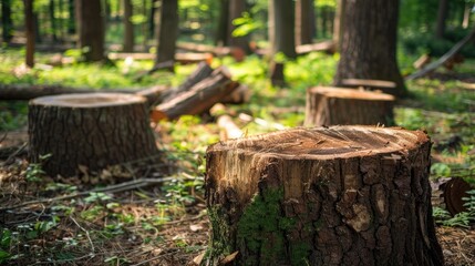 Freshly cut wood tree stumps in the forest lumber surface wood material solid timber fuel for fire
