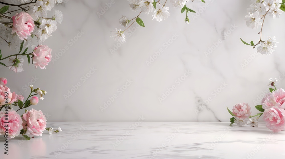 Poster a white background with pink flowers and leaves. the flowers are arranged in a way that they are not