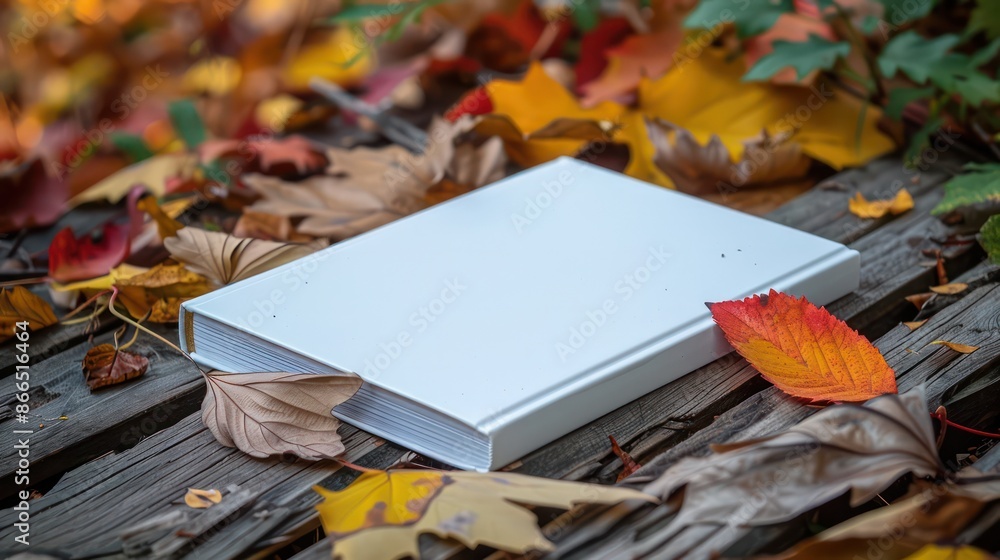 Poster a white book is on a wooden surface with autumn leaves scattered around it. the book is open to a bl